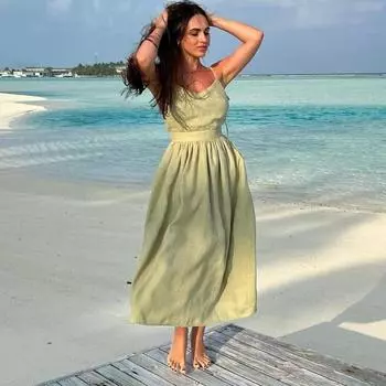 Пляжный сарафан с открытой спиной, женское летнее элегантное бандажное сексуальное платье с V-образным вырезом, женское длинное платье без рукавов со складками, 2024, новое платье на шнуровке S абрикосовый