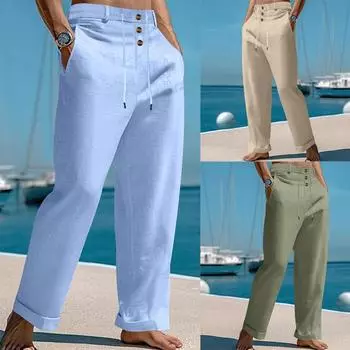 Пляжный стиль мужские однотонные хлопковые льняные повседневные брюки летние новые свободные дышащие тонкие брюки повседневная одежда мужские ретро прямые брюки S белый