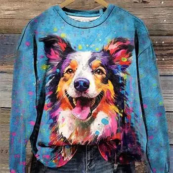 PLstar Cosmos 3D Printed Animal Series Cute Color Dog Pattern Printed Womens Round Gown Long Sleeve Casual Top New D-6 S