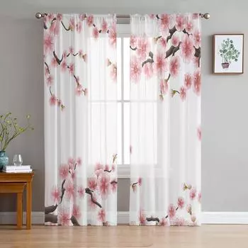 Plum Blossom Red Petal Branch Leaf Plant Sheer Curtains for Living Room Decoration Window Curtains Kitchen Tulle Voile Curtains W135 x H115cm x1
