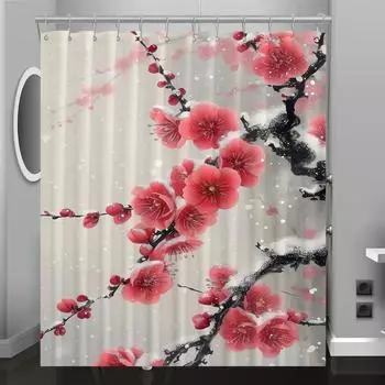 Plum Tree Pattern Digital Print Shower Curtain, Bathroom Renovation Home Decoration, Free Hooks 90X180cm