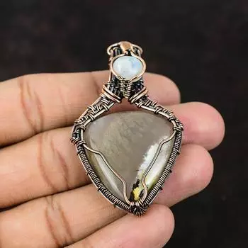 Подвеска из медной проволоки с перьями агата, лунный камень, медные украшения, подвеска из драгоценных камней ручной работы, дизайнерские украшения, подарок маме на день рождения