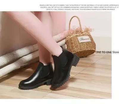 Плюс 2024 Модные удобные туфли на высоком каблуке с круглым носком Повседневные короткие однотонные женские ботинки на осень-зиму 2024 35 чёрный