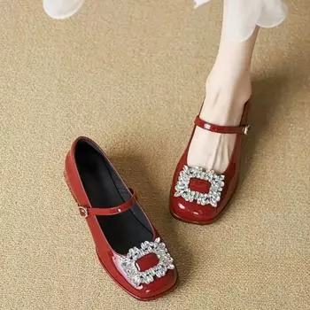 Plus 35-42 Rhinestone Decoration Fashion Mary Jane Women Leather Shoes Spring Summer Square Head Classic Thick Heel Low Heel 35 чёрный