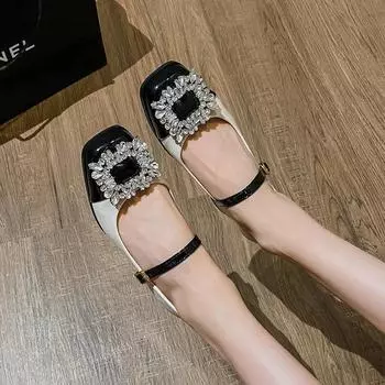 Плюс 35-43 Весна Лето Украшения Стразы Модные Женские Кожаные Туфли Мэри Джейн Квадратный Головной Узор Классический Толстый Каблук Низкий Каблук 35 бежевый