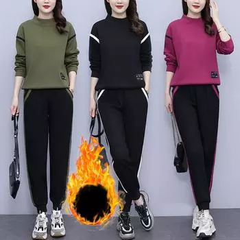 Плюс бархат утолщенный повседневный спортивный костюм женский осенне-зимние модели плюс размер модный свитер спортивные штаны костюм из двух частей XXXXL чёрный