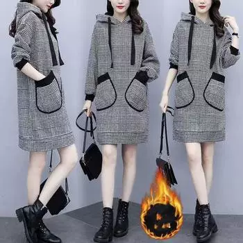 Плюс бархат утолщенный теплый клетчатый свитер средней длины для женщин среднего возраста, блузка, осенне-зимнее платье больших размеров средней длины 5XL белый