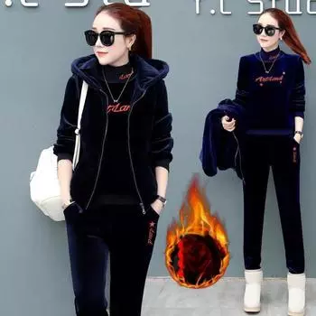 Плюс бархат утолщенный золотой бархат зимний теплый двухсторонний бархатный повседневный жилет свитер спортивный костюм-тройка для женщин 4XL чёрный