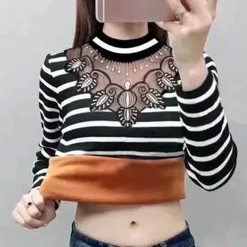 Плюс бархатная кружевная полосатая узкая нижняя рубашка с длинными рукавами толстая блузка больших размеров футболка XXXL