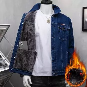 Плюс бархатная толстая джинсовая куртка мужская осенне-зимняя теплая куртка большого размера 6XL хлопковая одежда трендовая утепленная куртка с защитой от холода 6XL чёрный