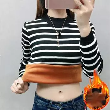 Плюс бархатная толстая золотая бархатная нижняя рубашка с полуводолазкой, женская осенне-зимняя одежда, тонкий полосатый топ с длинными рукавами, женская элегантная одежда S белый