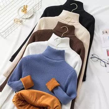 Плюс бархатная водолазка женский свитер однотонный зимний теплый осенний женский пуловер вязаный свитер термобелье джемпер топы S чёрный