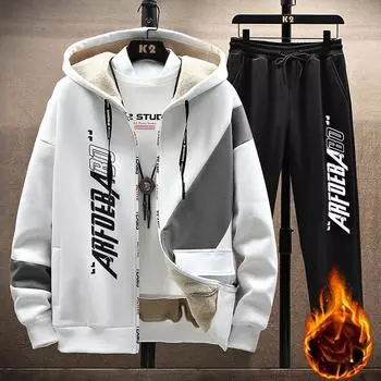 Плюс бархатная зимняя куртка, мужской весенне-осенний повседневный костюм, мужская зимняя куртка с капюшоном + спортивные спортивные штаны, костюм из 2 предметов XXXL белый