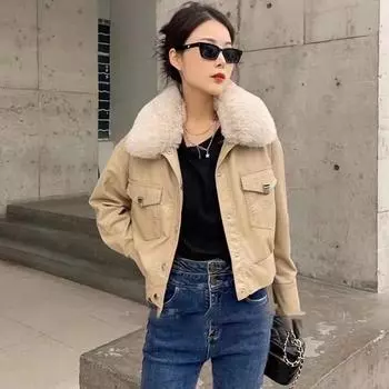 Плюс бархатное утолщенное хлопковое пальто из искусственной кожи для женщин, зимняя новая модель, маленькая короткая куртка из тисненой кожи, маленькая куртка с хлопковой подкладкой M