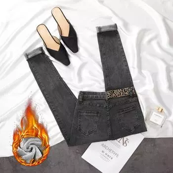 Плюс бархатные плотные зима-осень леопардовые повседневные эластичные брюки с высокой талией больших размеров женские брюки-карандаш джинсы джинсовые укороченные брюки 26 серый/чёрный