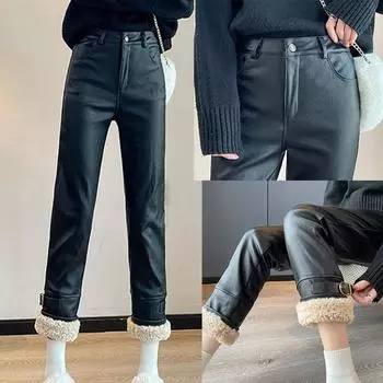 Плюс бархатные прямые черные кожаные брюки женские осенне-зимние с высокой талией свободные брюки из искусственной кожи с плетением из овечьей шерсти S чёрный