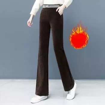 Плюс бархатные широкие теплые женские брюки с высокой талией, винтажные свободные модные однотонные брюки с карманами, утолщенные зимние брюки S чёрный