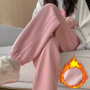 Плюс бархатные спортивные штаны, женские осенне-зимние верхние брюки из хлопка повседневные ветрозащитные штаны спортивные штаны из флиса XXL чёрный