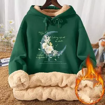 Плюс-бархатные толстовки женские с передними карманами Y2k утолщенные дизайнерские принты уютные винтажные с капюшоном Harajuku корейская уличная одежда теплая эстетика XXL