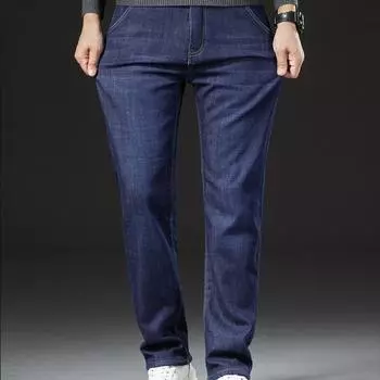Плюс бархатные толстые джинсы мужские свободные прямые брюки зимние овечьи джинсы прямые мужские толстые джинсы с высокой талией 28 темно-синий