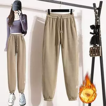 Плюс бархатные толстые вельветовые женские брюки, осенне-зимние спортивные брюки, маленькие женские свободные шаровары, повседневные спортивные штаны M чёрный