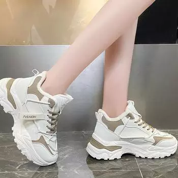 Плюс бархатные туфли для папы для женщин, корейская версия, теплые высокие кроссовки на шнуровке, женские повседневные белые хлопковые туфли 35