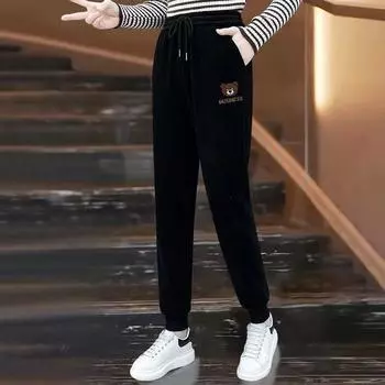 Плюс бархатные утолщенные теплые брюки с высокой талией, женские новые повседневные брюки с завязками, прямые S чёрный