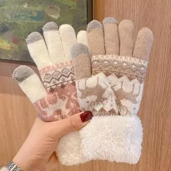 Плюс бархатные утолщенные теплые перчатки зимние эластичные милые перчатки с принтом оленя для езды на велосипеде на открытом воздухе перчатки с сенсорным экраном для защиты от холода Рождественский подарок розовый