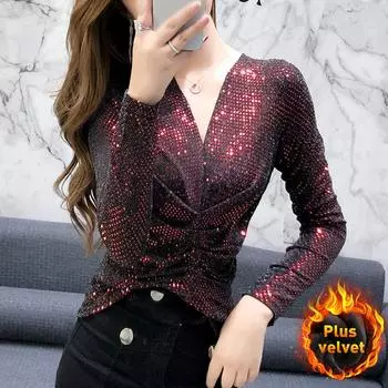 Плюс бархатные женские топы, блестящие тонкие футболки с короткими рукавами, повседневная женская одежда с длинными рукавами, стильная яркая блестящая уличная одежда 3XL красный