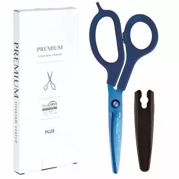 Plus Dirt and Rust Fit Cut Premium 30 Continuous Cutting Paper Box Navy Scissors, Resistant, Curve, Titanium, Asymmetrical, Non-stick, degrees,