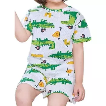 Plus Nao Room Wear Домашняя одежда Пижамы Верхняя и нижняя часть Детская одежда Тонкая сетка Милый принт Короткие рукава Шорты 110 см Крокодиловая кожа x Белый Детская