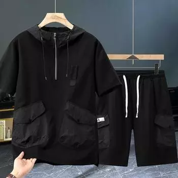 Плюс размер 10XL 11XL Мужская летняя футболка свободные шорты с короткими рукавами повседневный спортивный костюм 11XL чёрный