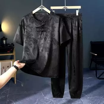 Плюс размер 11XL Ice Silk повседневный костюм с короткими рукавами мужской национальный стиль китайский костюм Тан костюм из двух частей 11XL чёрный