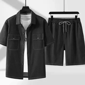 Плюс размер 11XL Толстый человек джинсовая рубашка мужская летняя трикотажная джинсовая рубашка повседневный шорты костюм 11XL чёрный