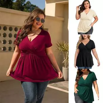 Плюс размер 18-28 Женская плиссированная туника Топы Женская футболка с короткими рукавами и блузкой с запахом L темно-зеленого