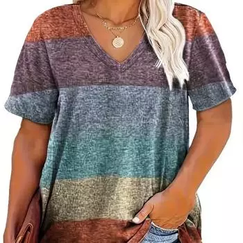 Плюс размер 1XL-5XL полосатая футболка с принтом, повседневная футболка с v-образным вырезом и коротким рукавом, женская одежда больших размеров S
