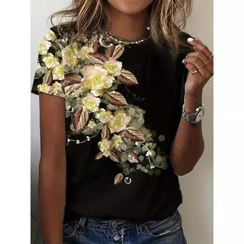 Плюс размер 2024 Лето Новая женская футболка с принтом и коротким рукавом, свободная повседневная футболка из полиэстера 3XL-5XL S