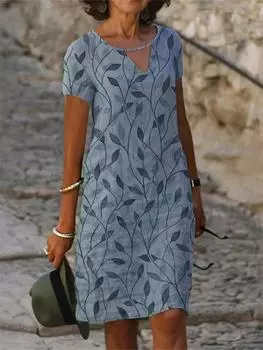 Плюс размер 2024 Лето Новое женское платье с V-образным вырезом и принтом Свободные платья-пуловеры 5XL синий