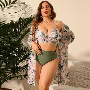 Плюс размер 2024, новый сексуальный комплект купальника-бикини с 3-х предметами сетчатого солнцезащитного женского купальника с длинными рукавами и принтом с высокой талией 1XL розовый