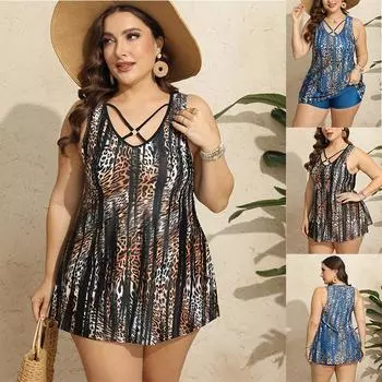 Плюс размер 2024, женский новый купальник, танкини, комплект из 2 предметов, купальник с леопардовым принтом, спортивный купальник для отдыха на море, 0XL-5XL 0XL леопардовый