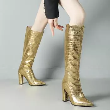 Плюс размер 43 женские сексуальные сапоги с крокодиловым узором до колена новые осенне-зимние туфли на высоком каблуке с острым носком женские туфли серебристо-золотые 6