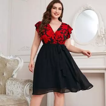 Плюс размер 4xl в европейском стиле с принтом, свободное женское платье, лоскутное платье с оборками и v-образным вырезом, сексуальные женские платья XXL красный