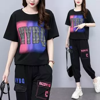 Плюс размер 4XL Женский летний свободный модный повседневный костюм в стиле ковбой с принтом и короткими рукавами из двух частей XXXXL чёрный