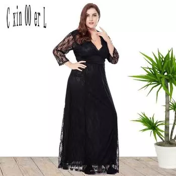 Плюс размер 5xl европейское длинное черное кружевное платье с v-образным вырезом сексуальные женские платья XXXL чёрный