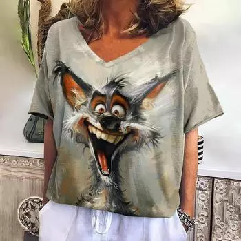 Плюс размер 5XL Harajuku Animal Print Женские футболки Летняя повседневная футболка с коротким рукавом Женская одежда с V-образным вырезом Свободный пуловер Необычный топ 5XL