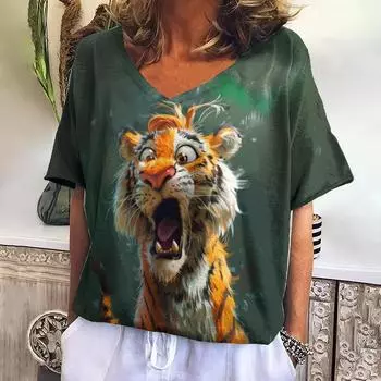Плюс размер 5XL Harajuku Animal Print Женские футболки Летняя повседневная футболка с коротким рукавом Женская одежда с V-образным вырезом Свободный пуловер Необычный топ 5XL