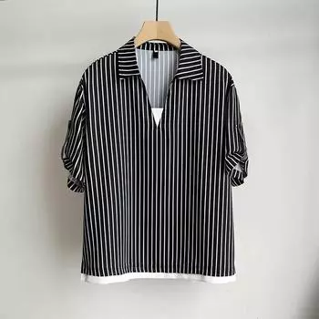 Плюс размер 5XL, мужская летняя японская универсальная поддельная футболка из двух частей с короткими рукавами, футболка с V-образным вырезом, полосатая рубашка с короткими рукавами XXXXXL белый
