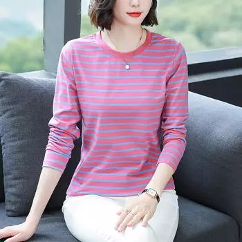 Плюс размер 5XL свободная хлопковая футболка с длинными рукавами женская осенняя полосатая нижняя рубашка модная футболка одежда XXXXXL белый