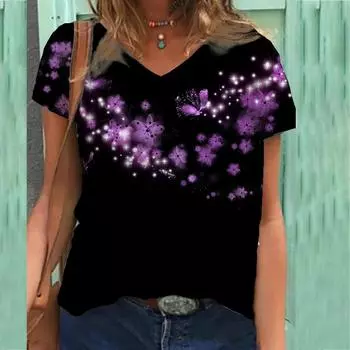 Плюс размер 6XL 7XL Футболка с цветочным принтом, женские футболки с короткими рукавами и V-образным вырезом с принтом, топ 6XL