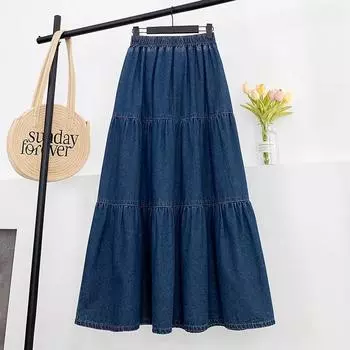 Плюс Размер 6XL Джинсовая Юбка Юбка-трапеция Пышная Юбка Зонт Средней Длины Свободная Обтягивающая Женская Юбка С Высокой Талией 6XL синий
